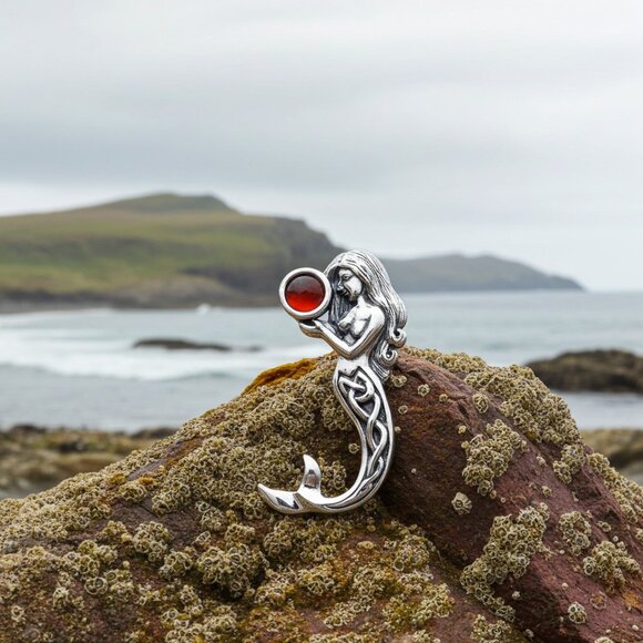 Peter Stone Jewelry - Celtic Mermaid holding a Garnet Under the Sea Pendant